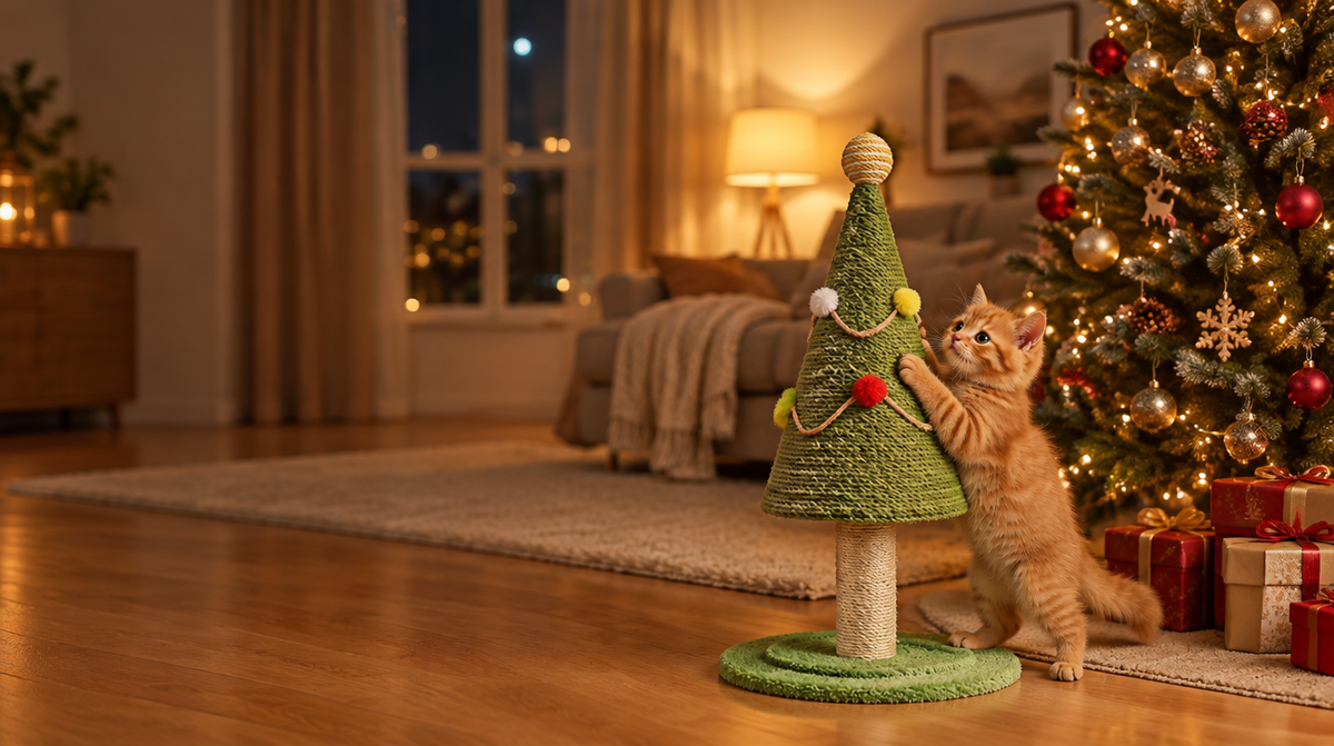 A cat scratching its own tree scratcher beside the Christmas tree